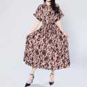 Women's Summer Leopard Print Casual Dress - Shirt Collar V-Neck Short Sleeve Flowy A-Line Dress (M)