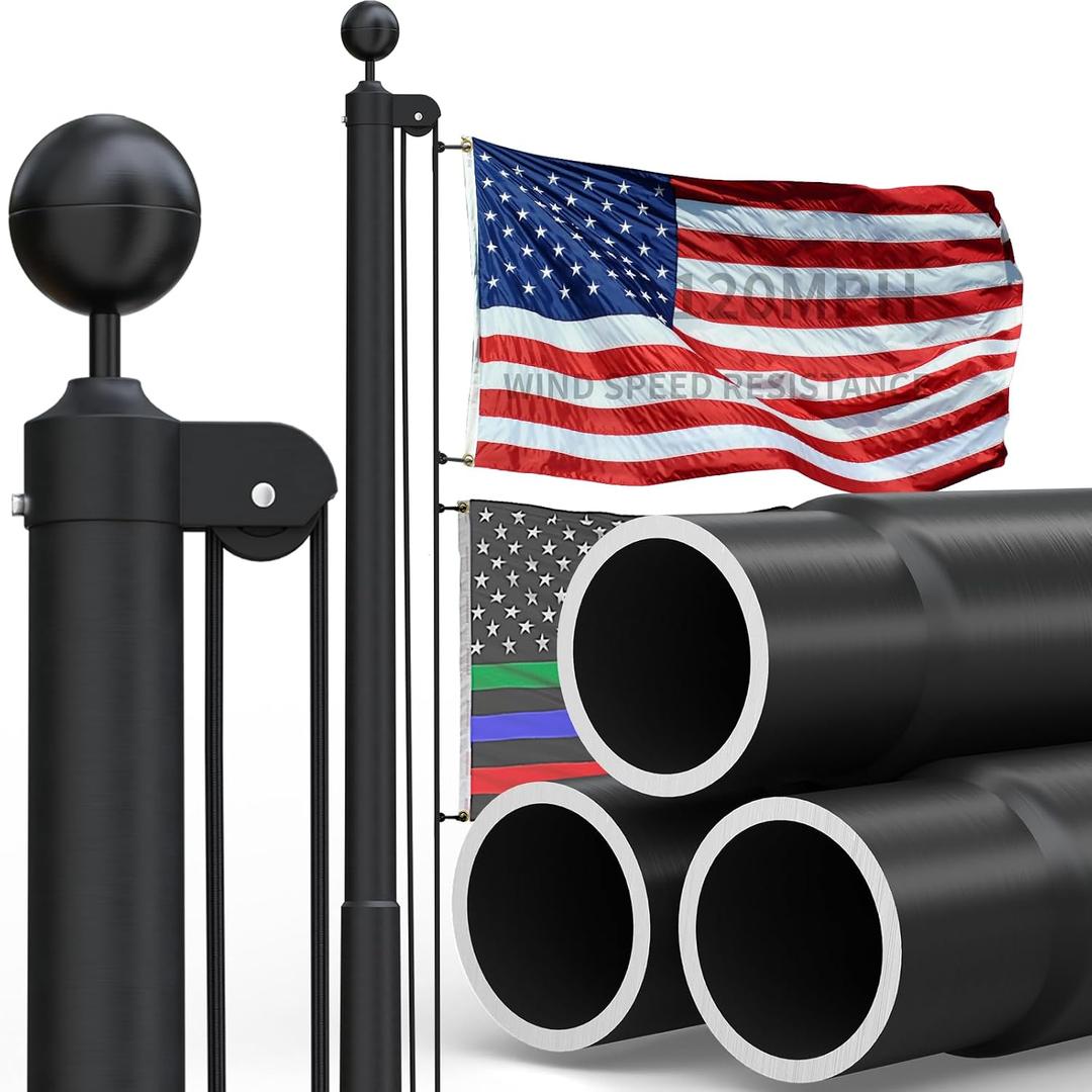 25FT Heavy Duty Flag Pole for Outside House, 11-Gauge Black Thick Design,Aerospace-Grade Aluminum Flagpole Kit, 3x5 Embroidered Nylon Flag, 120MPH Wind Rated Flagpoles, In-Ground