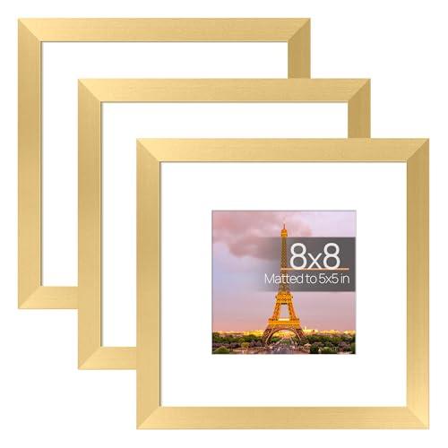 upsimples 8x8 Picture Frame Set of 3, Made of High Definition Glass for 5x5 with Mat or 8x8 Without Mat, Wall and Tabletop Display Photo Frames, Gold