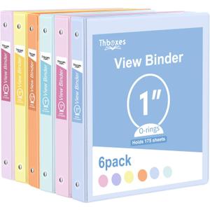 3 Ring Binder - 6 Pack, 1 Inch Binder with 2 Interior Pockets & Clear View Overlay, Large Capacity, Round Ring Binders for Office Supplies, School & Home (6 Colors) (Multicolor)