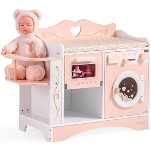 ROBUD Baby Doll Crib, Pink Baby Doll Beds, Wooden Doll Changing Station with Seat, Bottle Sterilizer, Washing Machine and Storage, Doll Accessories of Toy Crib to Kids, WDH20