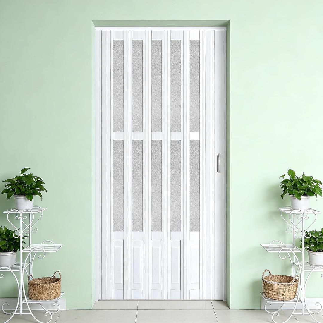 42X80in PVC Accordion Door,White Plastic Folding Door with Handle & Latch, for Closet & Kitchen,Complete Hardware Kit Easy to Install,Space Saving Room Divider