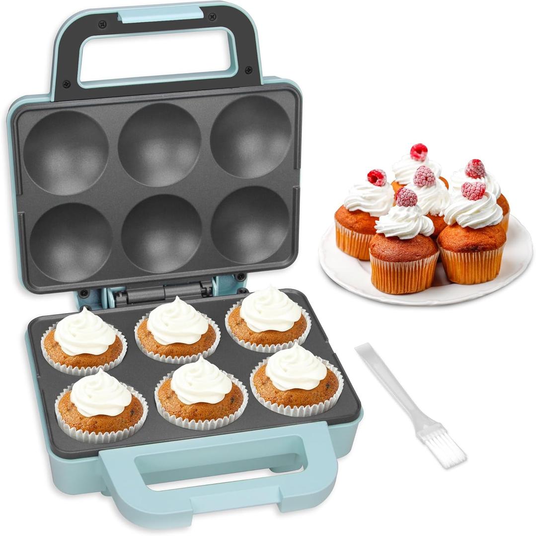 SugarWhisk 6-Count Cupcake Maker Machine, Bakes 6 X 2.5 Inch Cupcakes, Muffins, Pizza Cups, Cinnamon Buns, Cool-touch Handle, Non-stick Coating, Recipe Included, Aqua
