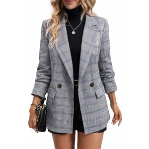 Mina Self Women's 2026 Plaid Houndstooth Blazer - Lightweight Fully Lined Button Casual Daily Office Work Jacket with Pockets, XL
