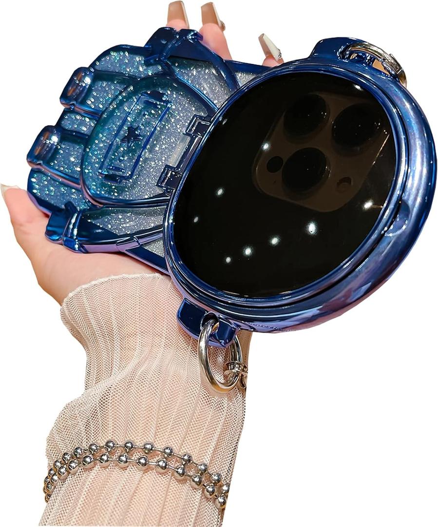 Astronaut Hidden Stand Phone Case for iPhone 14,Cute 3D Astronaut Lens Camera Protection Kickstand Luxury Glitter Bling Soft TPU Protector with Mirror Metal Chain for Women Blue