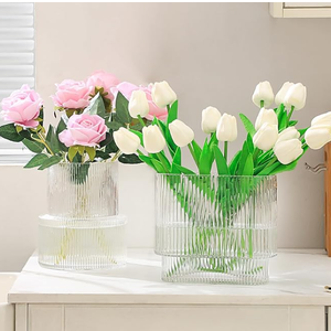 YANWE1 Ribbed Vase, Fluted Glass Vase for Flowers, Clear Flower Vases for Tulips, Modern Vases for Living Room, Dining Table, Office, Bedroom, Mantle, Shelf, Wedding, 7 Inch