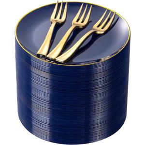 Festiva 200Pcs Navy Blue Gold Dessert Plates 6.3" with Plastic Forks 5"- Small Disposable Plates- Dessert/Cake/Appetizer Plastic Plates include 100Plates 100Forks for Christmas Party & Hanukkah