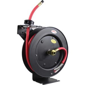 MaxWorks 50104 25ft Auto Rewind Retractable Reel with 3/8" x 25' Long Air Hose with Brass Fittings, Black & Red