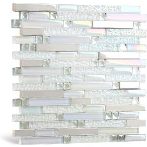 Blujellyfish Glass Metal Tile Iridescent White Glass Silver Mirror Stainless Steel Blends Interlocking Strip Wall Tiles TSTNB01 (Pack of 5 Sheets)
