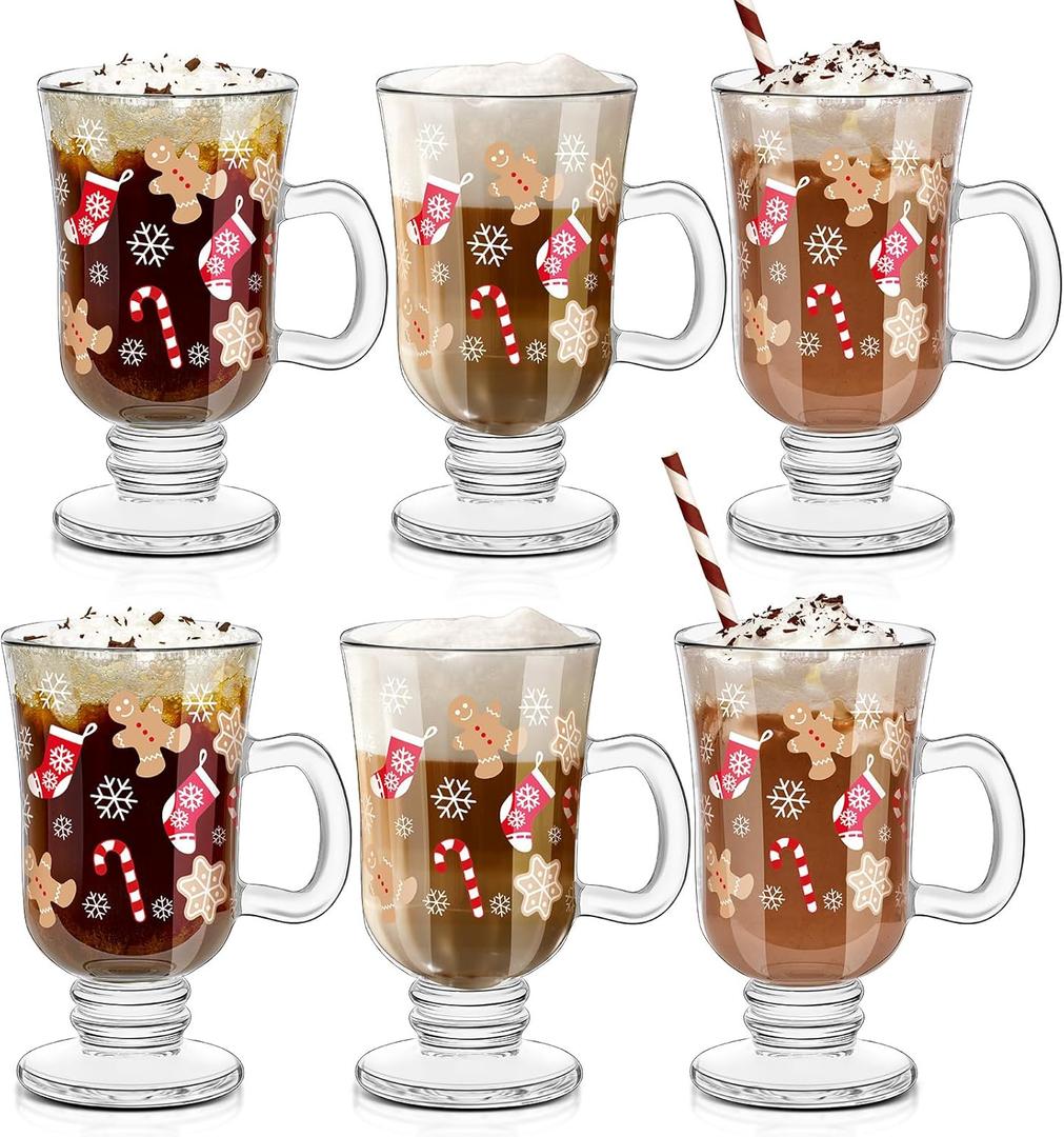 Sliner Set of 6 Christmas Glass Coffee Mugs with Handle, 8 oz Clear Irish Coffee Mugs Footed Irish Glasses Christmas Glasses Winter Holiday Cups for Beverages Latte Hot Chocolate (Colorful)