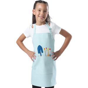 Kids Aprons for Cooking Waterdrop Resistant Aprons for Girl & Boy Toddler Apron for Painting, Gardening, Baking, Smock (Plaid Water Green, Medium (6-10 years)