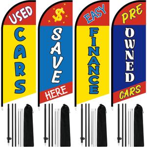 4 Pack 7 ft Used Cars Flags - Used Cars Dealer Flags with Pole Kit Outside Windless Advertising Feather Banners for Business Finance Save Pre-owned Dealership Supplies