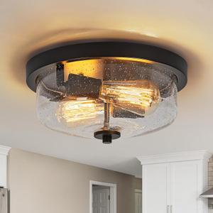 Black Flush Mount Ceiling Light Farmhouse Outdoor Porch Light Fixtures With Seeded Glass Shade, 2-Light for Kitchen Hallway Foyer