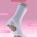 Pilates Grip Socks for Women - Embroidery Athletic Crew, Non-Skid Sticky Soles for Yoga, Barre, Workout & Hospital (White)
