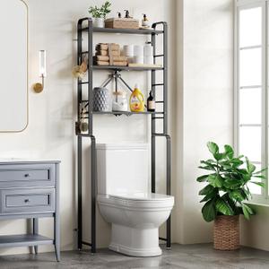 Over The Toilet Storage,3-Tier Toilet Shelf with Anti-Tip Device,Behind Toilet Bathroom Organizer,Freestanding Space Saver with Folding Shelf,Black