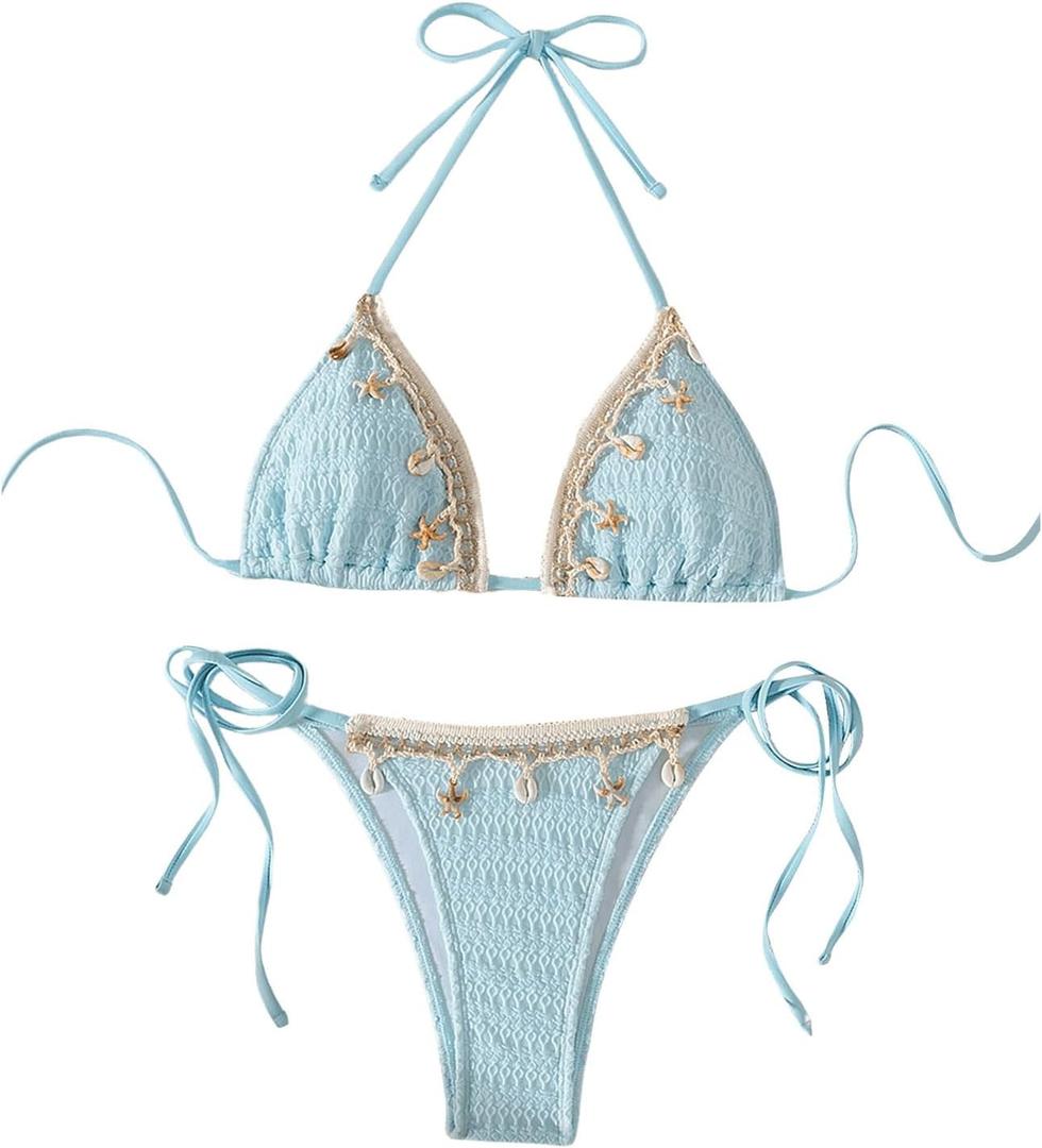 SHENHE Women's Triangle Bikini 2 Piece Swimsuit Halter Shell Side Tie String Bikini Set (M, Mint Blue)
