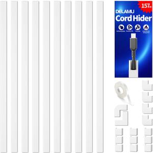 Delamu 157in Cord Covers for Wires on Wall, Cord Hider for 1 Cord, Paintable Cable Hider, Cable Management Wire Covers for Cords, W0.55 H0.4in, White
