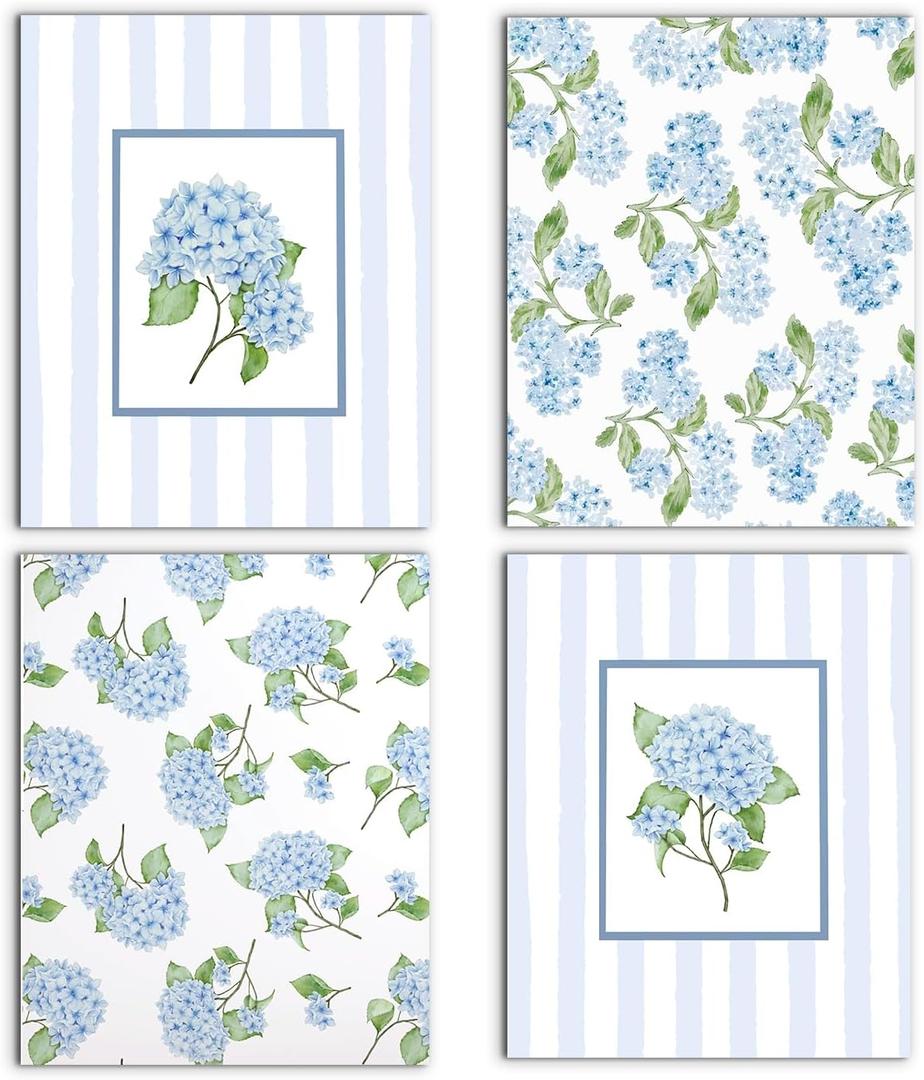 WUCHJ Blue Hydrangea Floral Wall Art Decor, Grand Millenial Grandma Core Decor, Grandmillennial Hydrangea Flower Canvas Artwork Posters for Home Bedroom Dorm, 8x10 Inches Set of 4 Unframed