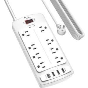 Surge Protector Power Strip - Nuetsa Flat Plug Extension Cord with 8 Outlets and 4 USB Ports, 20 Feet Power Cord (1625W/13A), 2700 Joules, ETL Listed, White