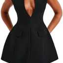 LuFeng Women's Summer Sexy Cap Sleeve Deep V Neck Zipper A-line Mini Dress Hollow Bodycon Night Out Party Dress Size Large