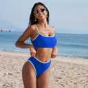 SUUKSESS Women High Waisted 2 Piece Bikini Set Cheeky High Cut Bandeau Swimsuit (Blue, M)