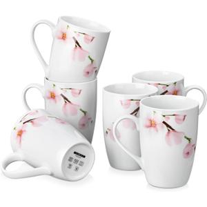 VEWEET Large Coffee Mugs Set of 6, 16 OZ Coffee Cups Set with Handle, Floral Mug Sets Ceramic Cup Set for Kitchen, Microwave& Dishwasher Safe, Series ANNIE