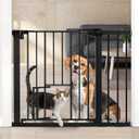 COMOMY Auto Close Baby Gate with Cat Door, 29.5"-40.5" Extra Wide Dog Gate for House Doorways Stairs, Pressure Mounted Easy Walk Thru Pet Gate, Includes 4 Wall Cups and 2 Extension Pieces, Black