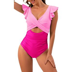 B2prity Women's One Piece Swimsuit Ruffle Cutout Bathing Suits Slimming Tummy Control V Neck Wrap Swimwear (Pink Color Block, S)