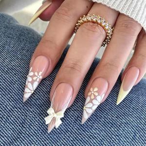 MERVF Long Press on Nails Stiletto Yellow French Tip Fake Nail Flower Daisy Design Glue ons Almond 3D Bow Acrylic Nails Supplies Art DIY Manicure Glossy 24pcs