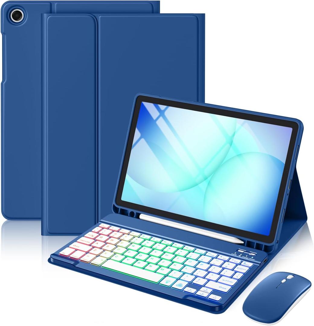 Harvopu for Galaxy Tab A11 Plus/A9 Plus 11" Case with Keyboard-Wireless Mouse Backlit Detachable Keyboard Stain-Resistant Cover with Pen Holder for Galaxy A11+/A9+ 5G Tablet Case 11-inch,NavyBlue