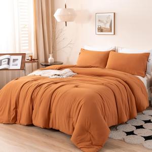 Burnt Orange Queen Size Comforter Set, Rust Comfy Fluffy Ultra Soft Polyester Cotton Blend, 3 Pieces Solid Terracotta Bedding Down Quilted Blanket Comforter & Pillowcase for All Season Use (Queen(90"x90"))