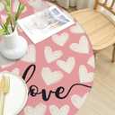 Valentines Day Round Tablecloth Fitted Best for 40"-44" Beige Pink Heart Table Cloth Vintage Elastic Edge Water-Resistant Washable Love Decoration Table Cover for Party Picnic Indoor Decor