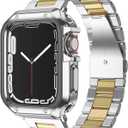 Compatible with Apple Watch Band and Case, Stainless Steel Metal Chain with TPU Cover, Smart-Watch Link Bracelet Strap, Wrist-Band for i-Watch Series 10 11, 42mm, Silver+Gold