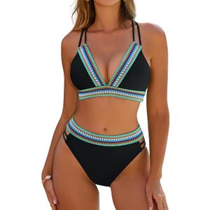 Blooming Jelly Womens High Waisted Bikini Sets Color Block Two Piece Swimsuit V Neck Crisscross Back Bathing Suit (Medium, Black)