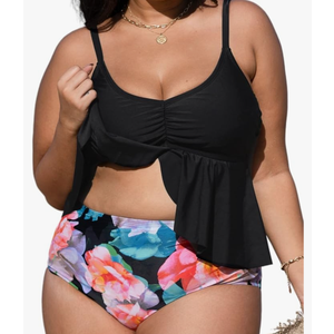CUPSHE Women' Plus Size Swimsuit High Waisted Bikini Set Ruffle Hem with Adjustable Straps 00X