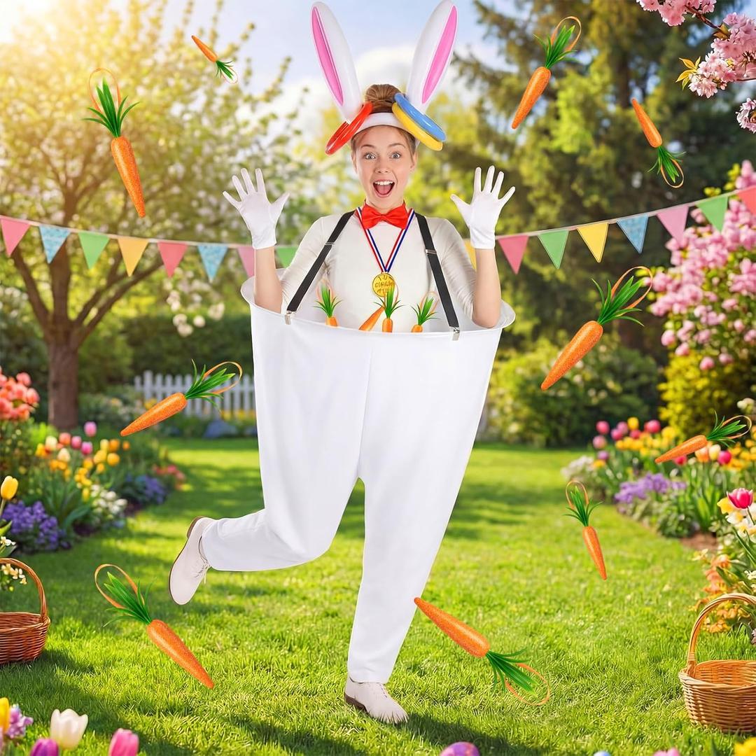Vinsot 16 Pcs Easter Granny Pants Yard Game Set Oversized Granny Pants with Colorful Easter Eggs, Bowtie, Bunny Ears and Tail, Outdoor Tossing Game Bunny Suit for Spring (Carrot, White)