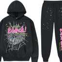 Y2K Hoodie Set Cobweb Spider Style Hoodie Pant Casual Tracksuit Long Sleeve Athletic Suit (X-Large, Black)