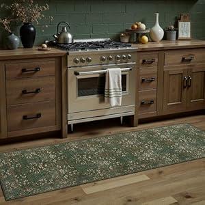 DCX Green 2x6 Runner Rug, Machine Washable with Non Slip Backing Vintage Floral Hallway Runner Rug Soft Low Pile Stain Resistant, Kitchen, Bathroom, Front Door Dark Green