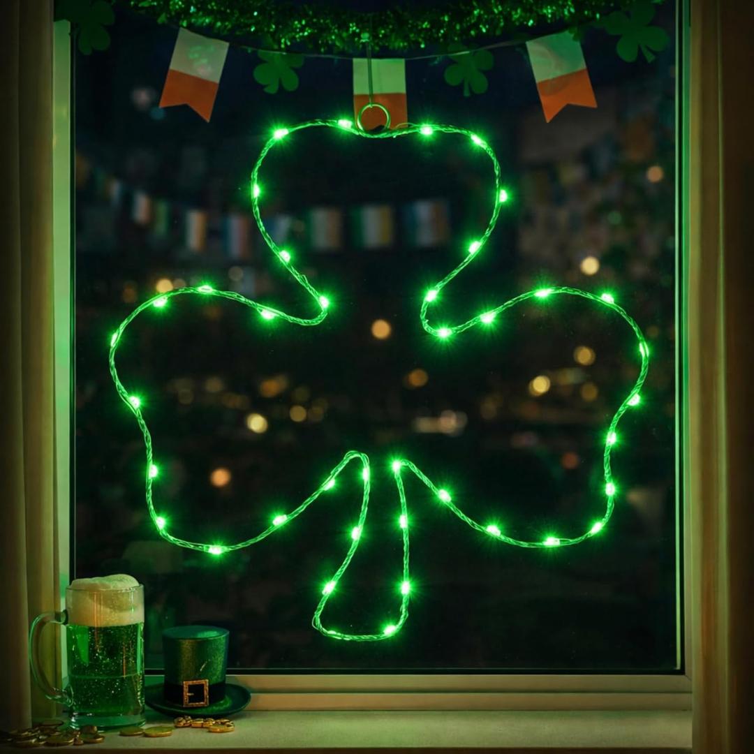 St. Patrick's Day Light Up Clover Shamrock Window Decoration, 15.8 Inch 40 LED Irish Green Iron Frame Silhouette Lights, Waterproof USB Plug Operated for Holiday Wall Door Glass Decor