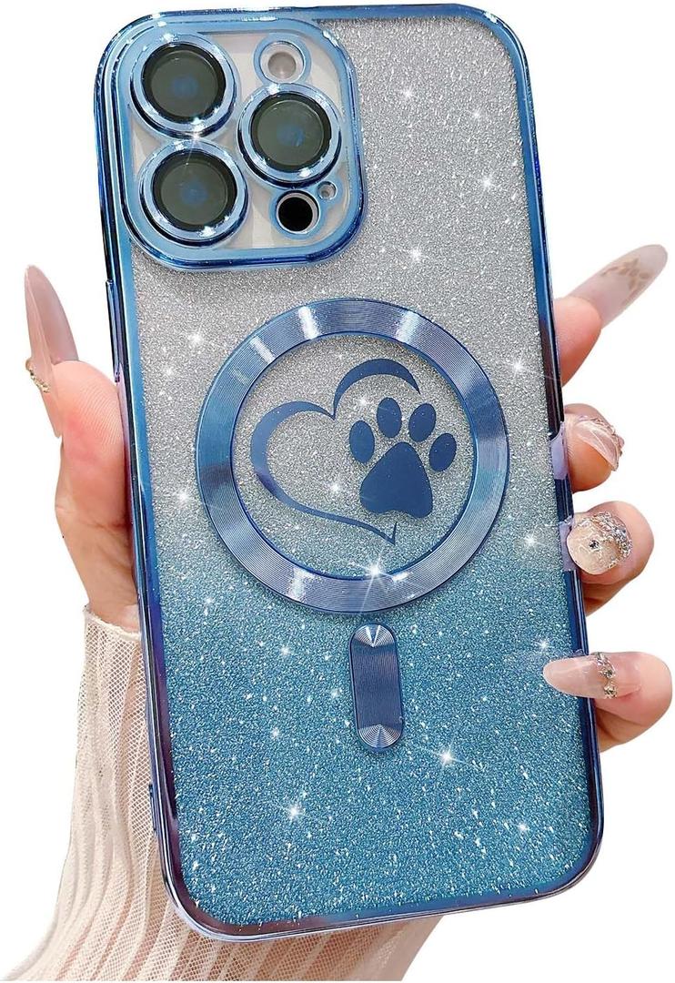for iPhone 16 Pro Case, Glitter Clear Cute Paw Love Heart, Compatible with MagSafe, Strong Magnetic Full Camera Lens Protection Cover, Soft Slim Bling Phone Case 6.3" - Blue