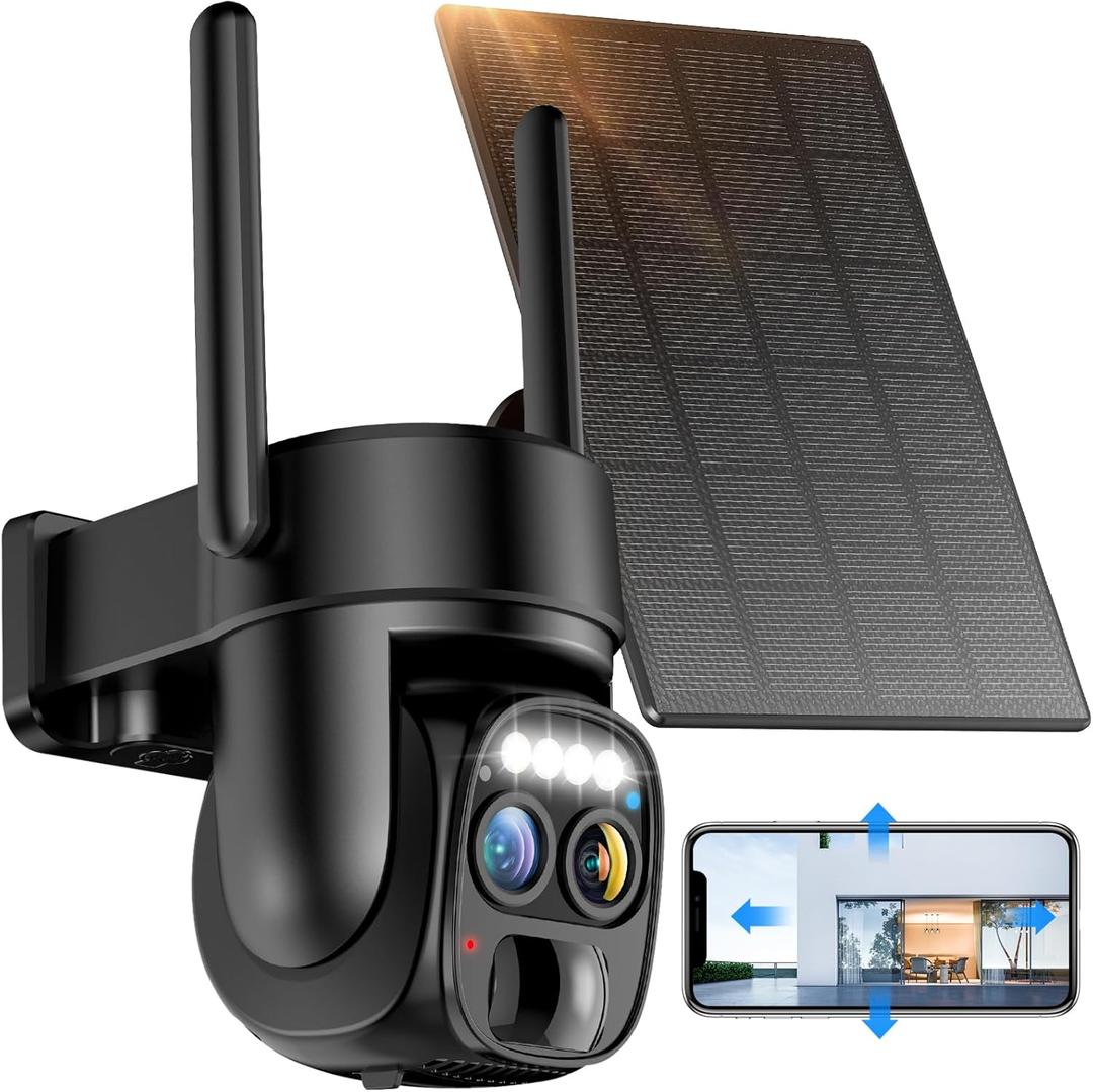 Hawkray Pannel Solar Wireless Outdoor Security Camera Dual-Lens, 10xZoom, 2K Resolution 3MP 360Pan/Tilt2.4&5G WiFi Battery Powered Camera with Spotlight Alarm PIR Motion Detection (Solid Black)