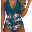 SUUKSESS Women Sexy Tummy Control One Piece Swimsuits Halter Push Up Bathing Suits (Large, Peacock Blue Floral)