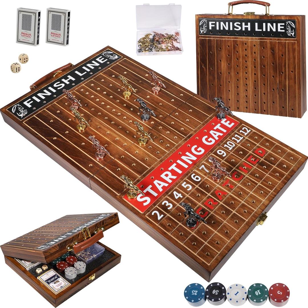 Wooden Finish Line Horse Racing Board Game Equipped with 11 Luxury Metal Craft Horses Adult Chessboard Including 2 Dice and 2 Boxes of Cards Folding Box Game Board(Flame)