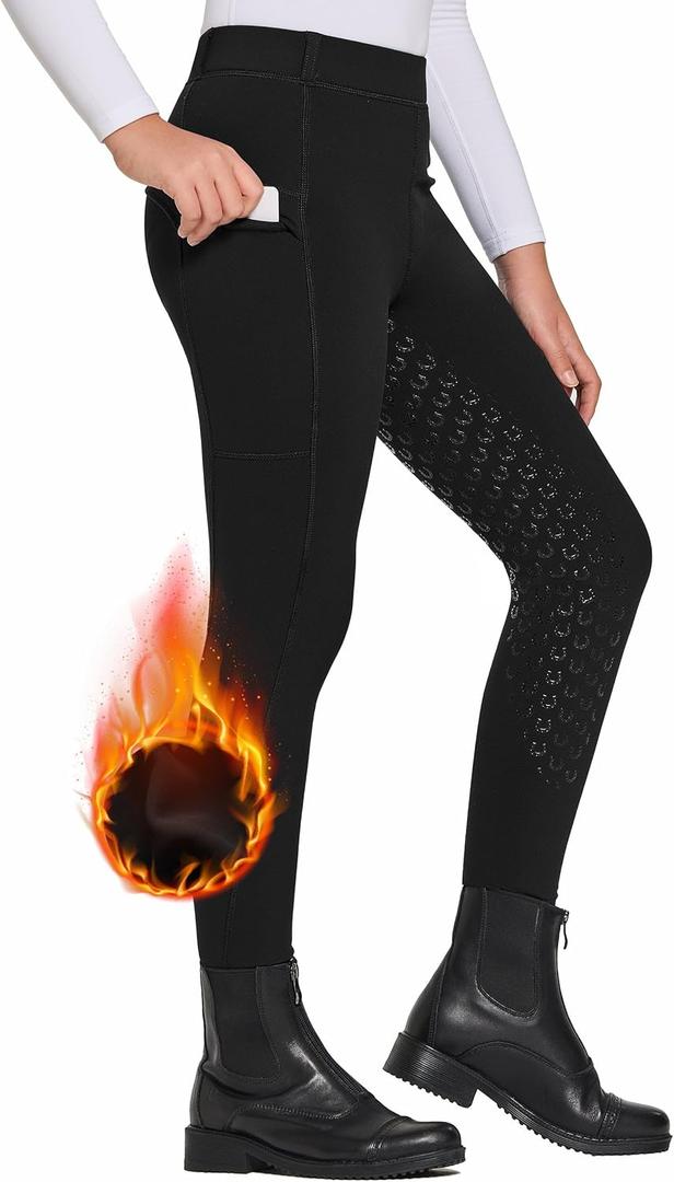 FitsT4 Sports Girls Winter Riding Pants Fleece Lined Riding Breeches Kids Full Seat Equestrian Pants Tights with Pockets (Medium, Black)