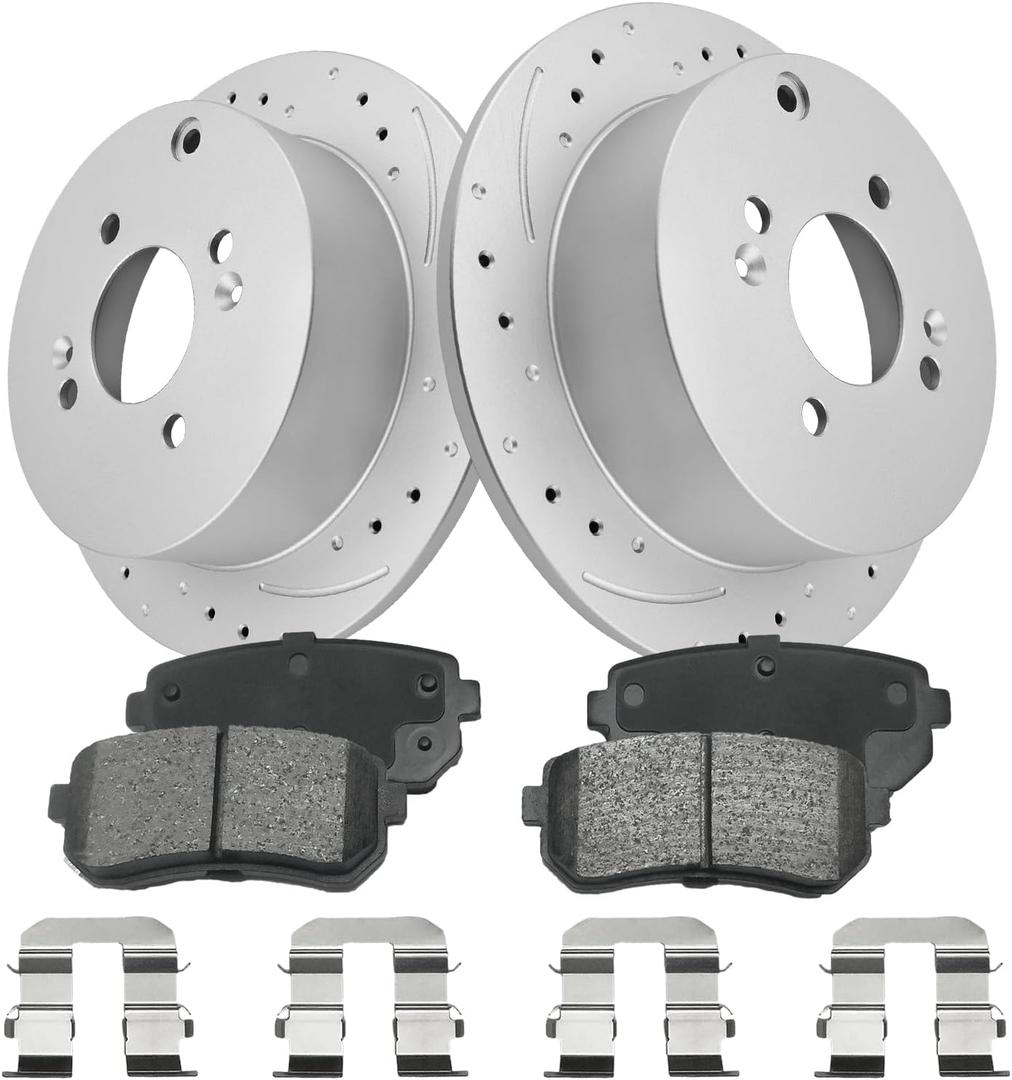 Rear Brake Pads & Rotors Kit Solid Compatible With Hyundai Accent 2006 2007 2008, Drilled Slotted Disc Brake Rotors Ceramic Brake Pads Geomet Coated, Replacement 10.3in(262mm) S-53113 P-1398