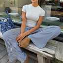 Striped Wide Leg Pants for Women - Casual Loose Fit High-Waisted Drawstring Pajama Pants - Straight Trousers (M)