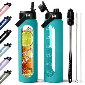 Aqulea 32 oz Glass Water Bottle with 2 Lids – Spout & Straw Lids, 1L Motivational Borosilicate Glass Water Bottle with Time Marker & Silicone Sleeve, Leakproof (Aqua)