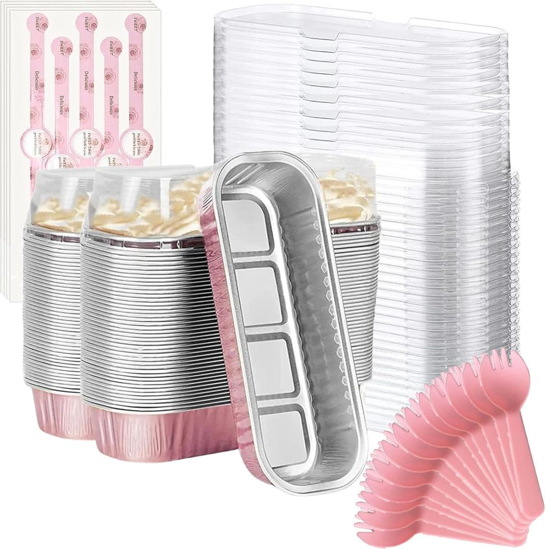 Mini Loaf Baking Pans with Lids And Spoons (100 Pack, 6.8oz) Rectangle Aluminum Foil Baking Pans Tins Containers - Cupcake Containers Wrappers Cheesecake Creme Brulee Ramekins (Pink)