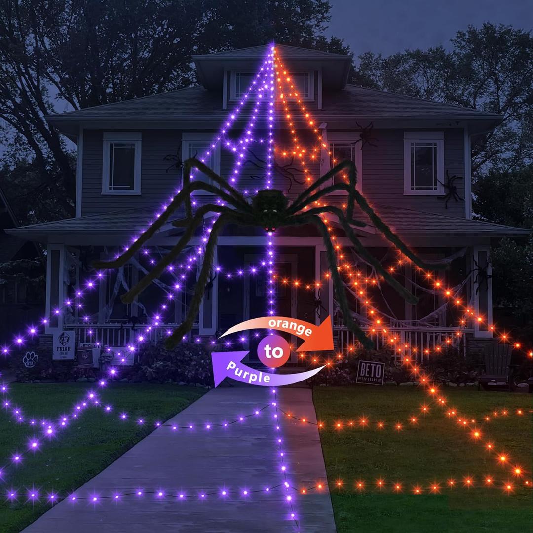 Spider Webs Halloween Decorations Outdoor 455 LED Halloween Spider Web Lights Decoration with 59" Large Spider & 3.53 oz Stretch Cobweb 11 Lighting Modes 16.4 Ft Light Up Giant Spider Web