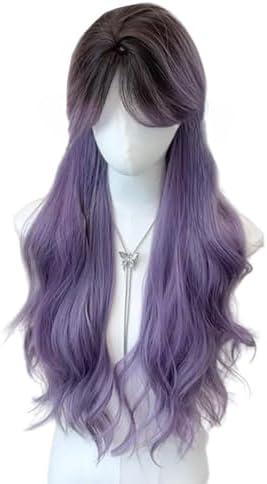 Dainty Wig, Grayish Purple Gradient Wig Long Loose Wavy Hair Natural Lolita Wig with Bangs Synthetic Hairpiece for Party